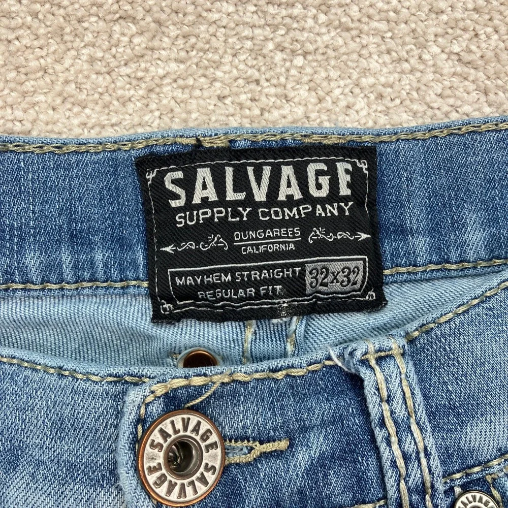 Salvage Men 32x32 (32x31) Mayhem Straight Jeans Blue Distressed Buckle Exclusive